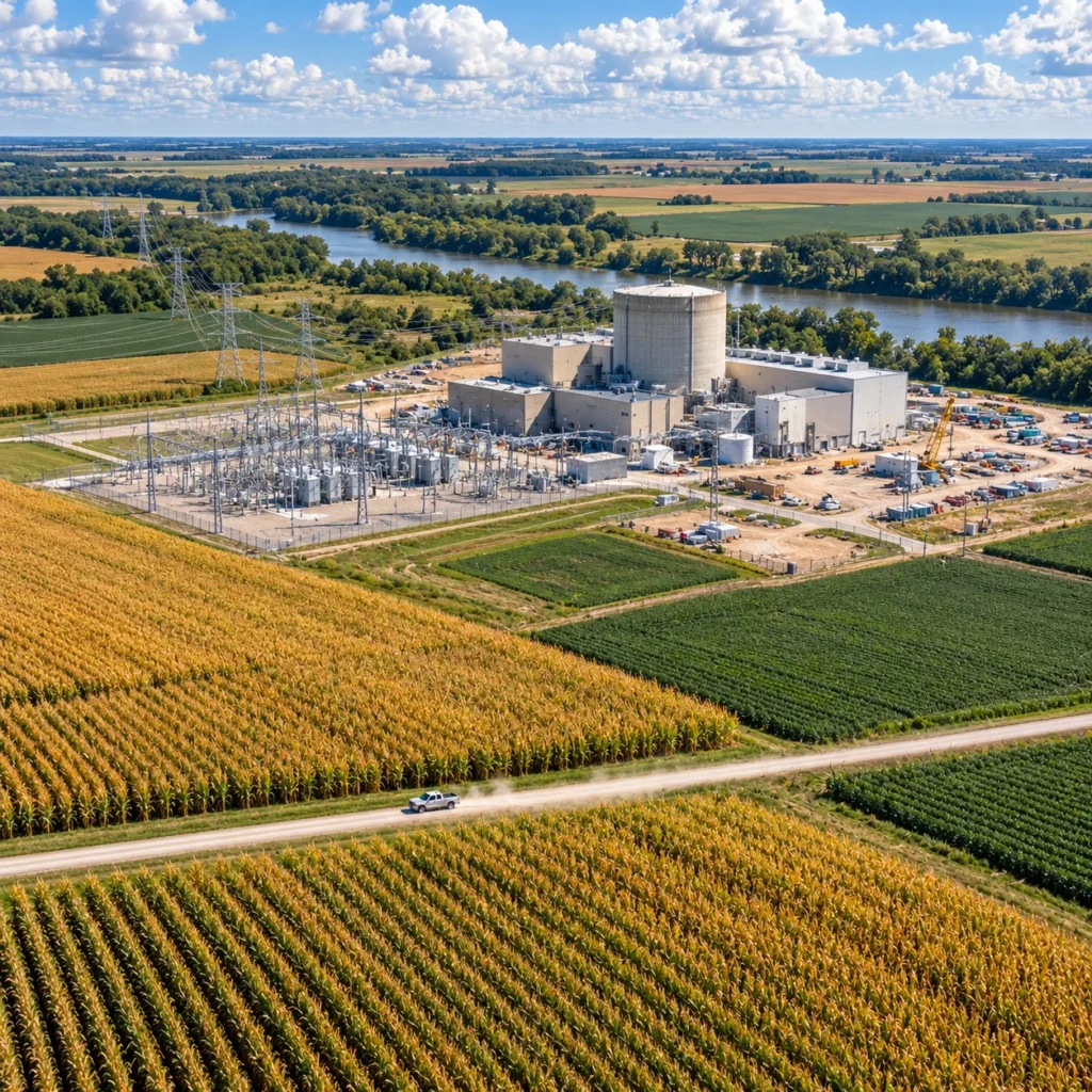 A boiling water reactor plant with cooling towers and construction cranes in Iowa farmland, with transmission lines leading toward a distant data center campus at dusk.