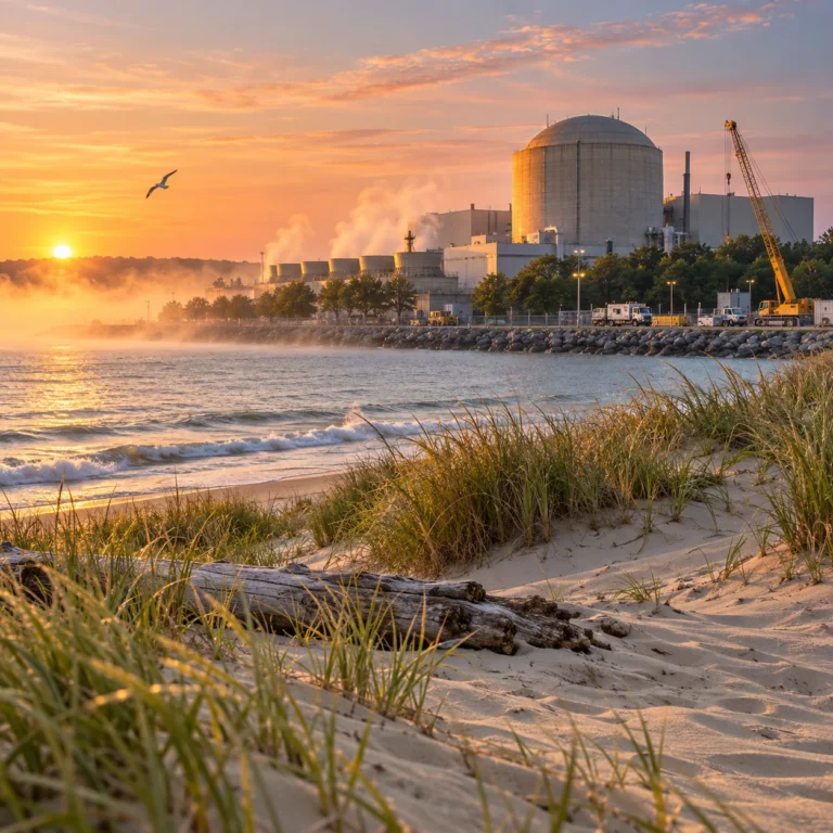 A domed nuclear reactor containment building and turbine hall on the Lake Michigan shoreline at dusk, with transmission towers running inland and vapor rising from the plant.