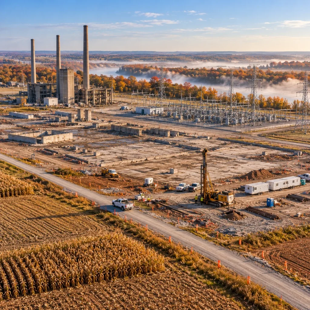 A retired coal plant site with its transmission switchyard still standing, surrounded by harvested Indiana farmland at dawn, with a survey rig working on the cleared ground.