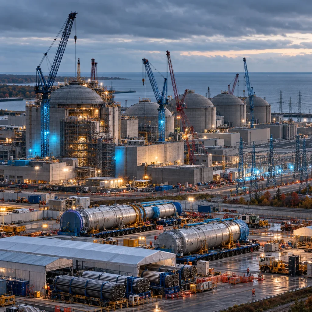 Pickering nuclear refurbishment: a lakeside CANDU station with domed reactor buildings surrounded by cranes and replacement components during a major outage.